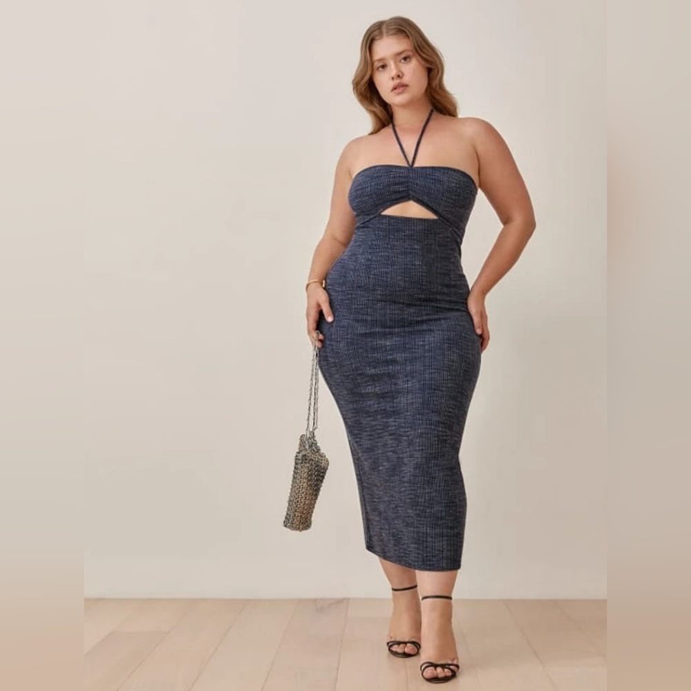 Reformation Navy Blue Ribbed Strapless Midi Dress